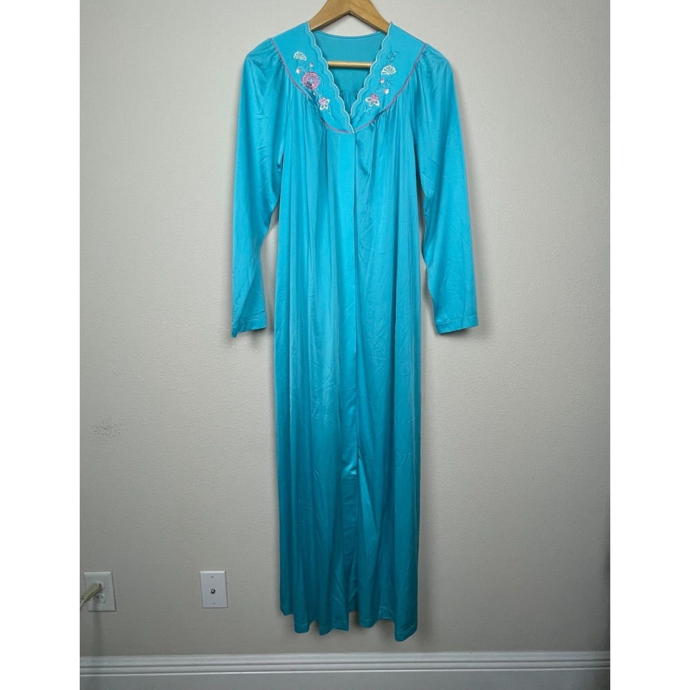 Shadowline Vintage Floral Snap Nightgown Turquoise S Long Sleeve Grandmacore